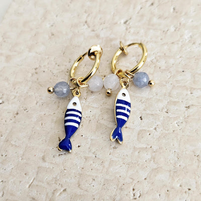 Striped Small Sardine Earring Natural Stone Charm Blue White Fish Earring Gold Non Pierced Ears Hoop Earring Enamel Coastal Portugal Gift
