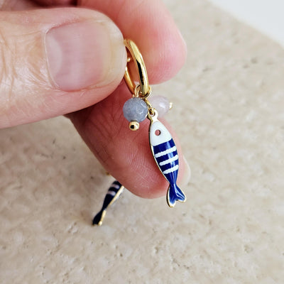 Striped Small Sardine Earring Natural Stone Charm Blue White Fish Earring Gold Non Pierced Ears Hoop Earring Enamel Coastal Portugal Gift