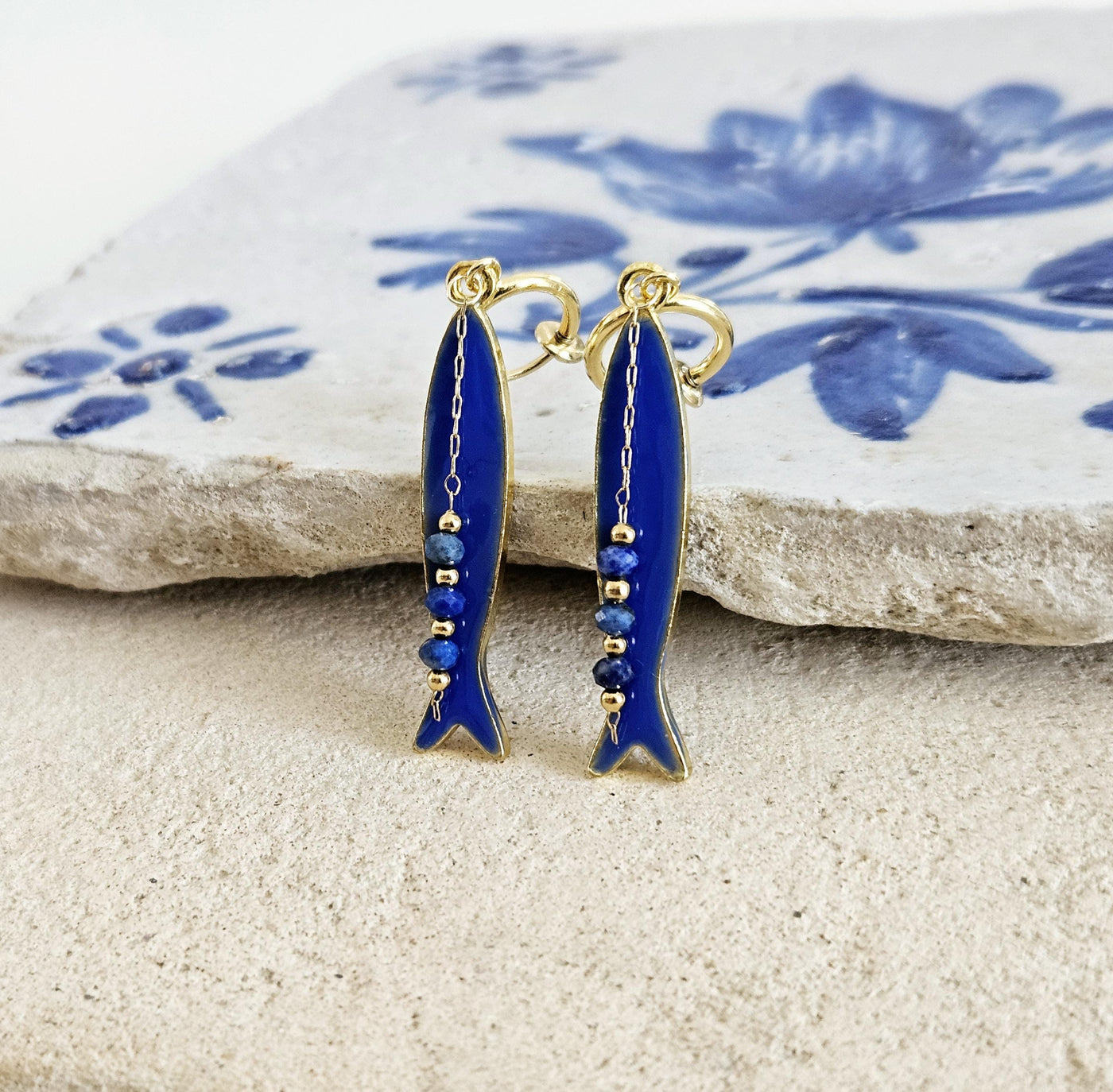 Portuguese Sardine Earring Natural Stone Blue GOLD Sardine Earring Gold Drop Long Earring Sardine Enamel Earring Gift From Portugal for Her
