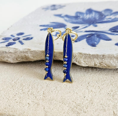 Portuguese Sardine Earring Natural Stone Blue GOLD Sardine Earring Gold Drop Long Earring Sardine Enamel Earring Gift From Portugal for Her