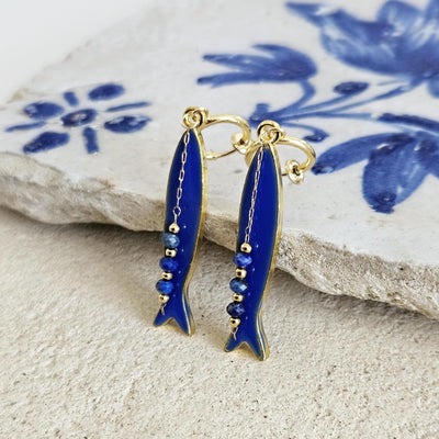 Portuguese Sardine Earring Natural Stone Blue GOLD Sardine Earring Gold Drop Long Earring Sardine Enamel Earring Gift From Portugal for Her