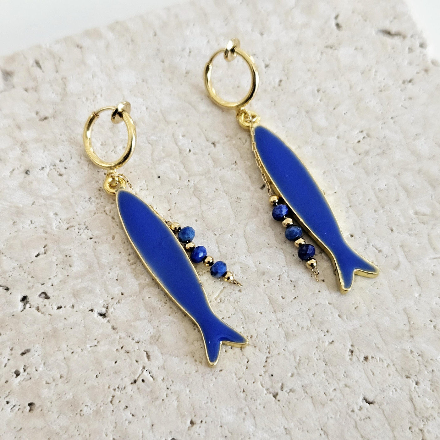 Portuguese Sardine Earring Natural Stone Blue GOLD Sardine Earring Gold Drop Long Earring Sardine Enamel Earring Gift From Portugal for Her