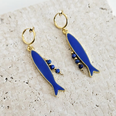 Portuguese Sardine Earring Natural Stone Blue GOLD Sardine Earring Gold Drop Long Earring Sardine Enamel Earring Gift From Portugal for Her