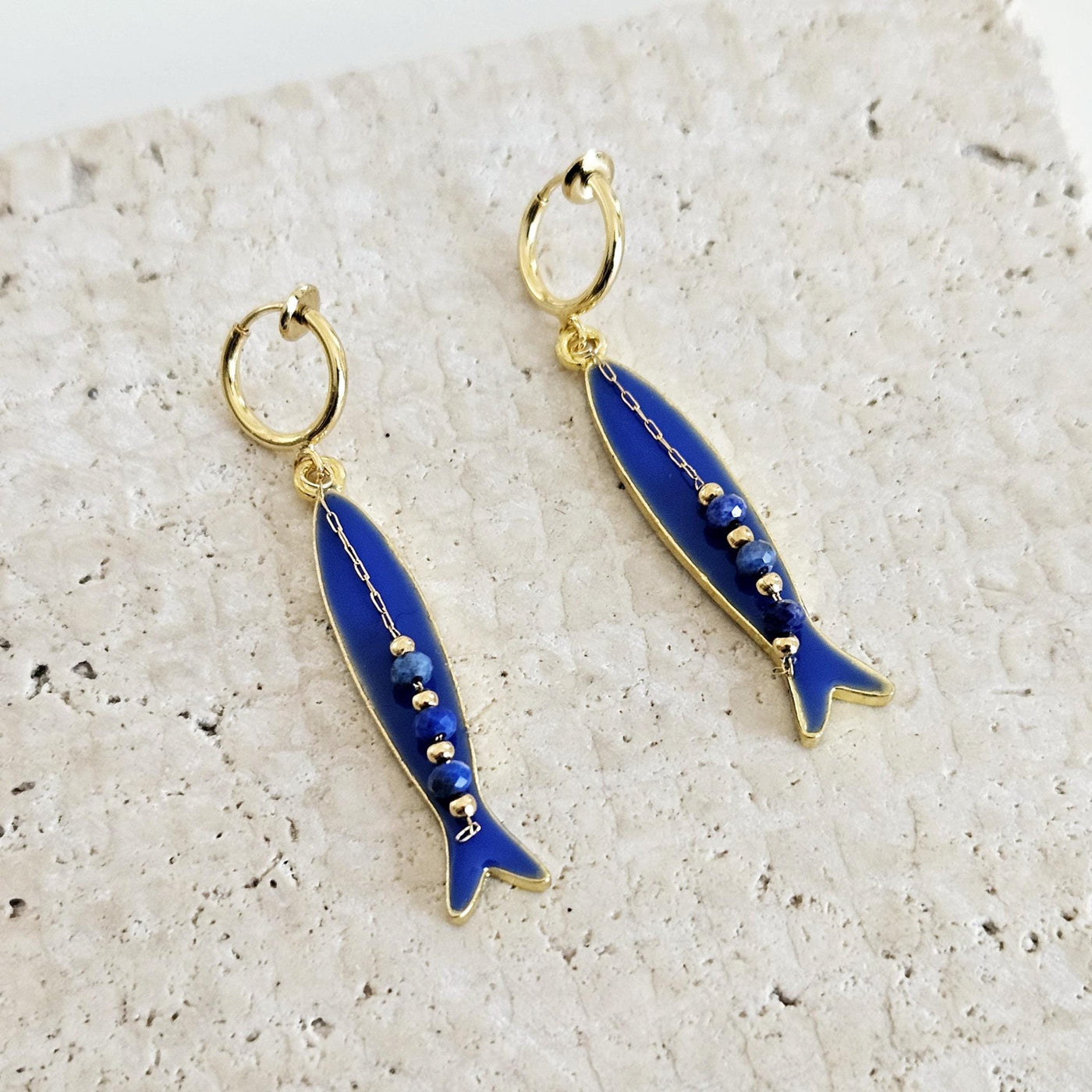 Portuguese Sardine Earring Natural Stone Blue GOLD Sardine Earring Gold Drop Long Earring Sardine Enamel Earring Gift From Portugal for Her