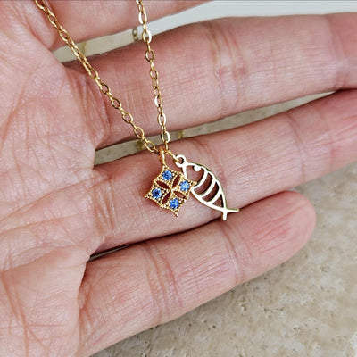 Portuguese Sardine Necklace GOLD STEEL Fish Blue CZ Zircon Crystal Charm Pendant Gold Sea Animal Fish Sardine Jewelry Gift from Portugal