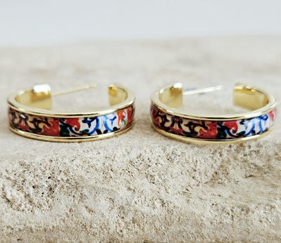 GOLD Colorful Tile Earring Portugal STEEL Orange Red Azulejo Delicate Flat Large Hoop Historical Gift Travel Jewelry Women Gift 2.8cm|1.10''