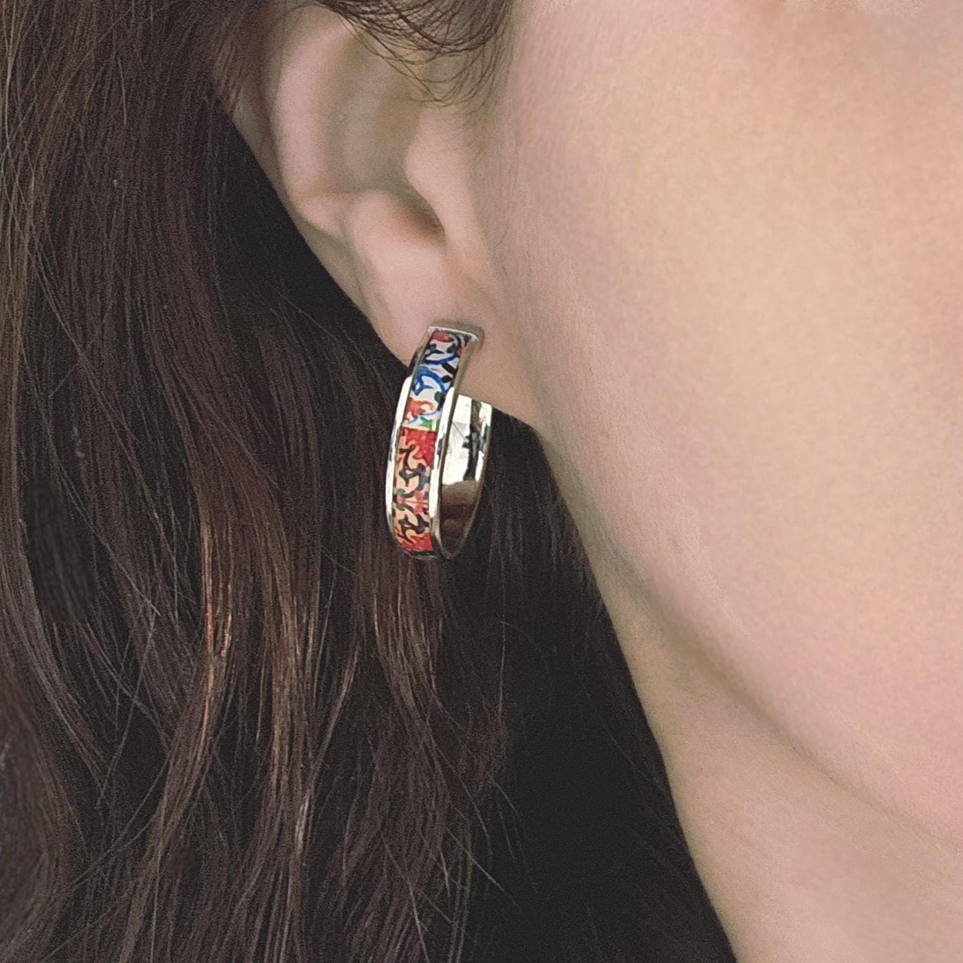 GOLD Colorful Tile Earring Portugal STEEL Orange Red Azulejo Delicate Flat Large Hoop Historical Gift Travel Jewelry Women Gift 2.8cm|1.10''