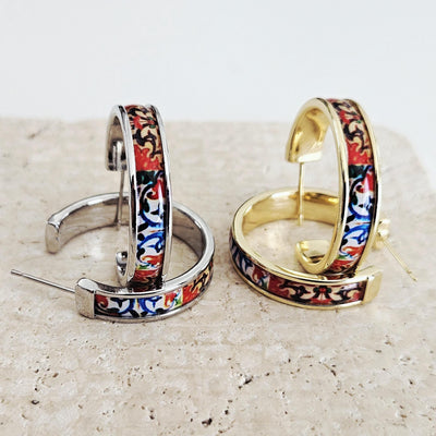 GOLD Colorful Tile Earring Portugal STEEL Orange Red Azulejo Delicate Flat Large Hoop Historical Gift Travel Jewelry Women Gift 2.8cm|1.10''