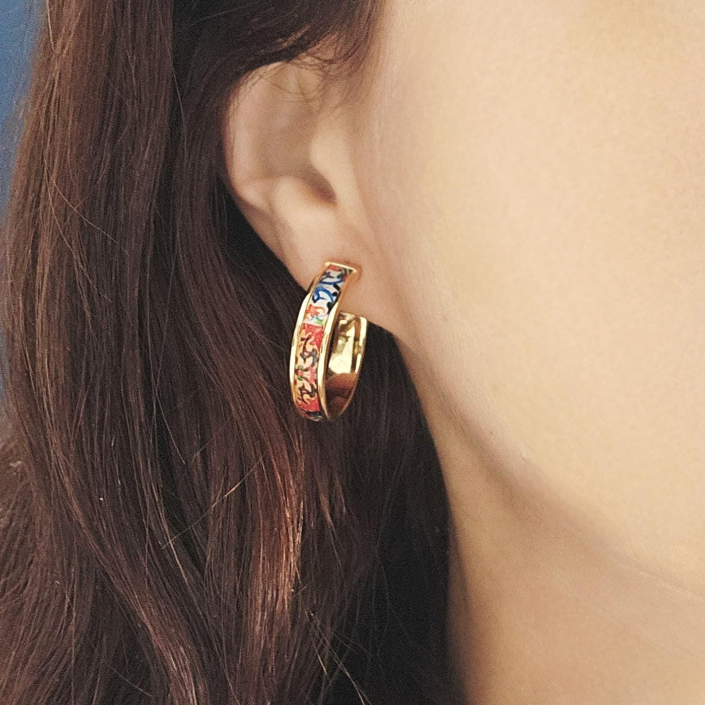 GOLD Colorful Tile Earring Portugal STEEL Orange Red Azulejo Delicate Flat Large Hoop Historical Gift Travel Jewelry Women Gift 2.8cm|1.10''