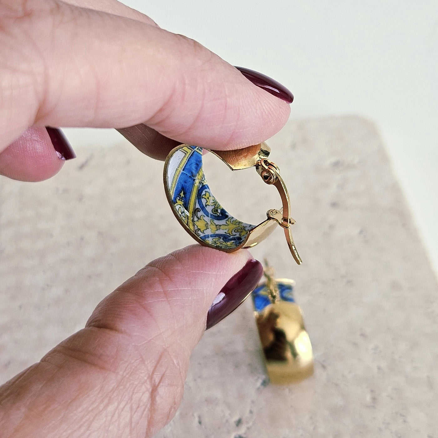 GOLD Large Hoop BLUE Tile STEEL Earring Azulejo Inlay Portuguese Typical Tile Hoops Anniversary Women Handmade Blue Yellow Jewelry Gift