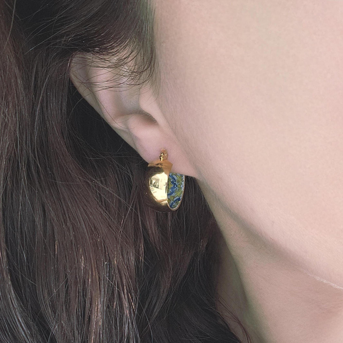 GOLD Large Hoop BLUE Tile STEEL Earring Azulejo Inlay Portuguese Typical Tile Hoops Anniversary Women Handmade Blue Yellow Jewelry Gift