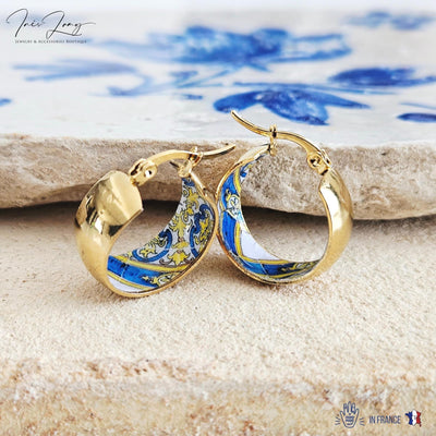 GOLD Large Hoop BLUE Tile STEEL Earring Azulejo Inlay Portuguese Typical Tile Hoops Anniversary Women Handmade Blue Yellow Jewelry Gift