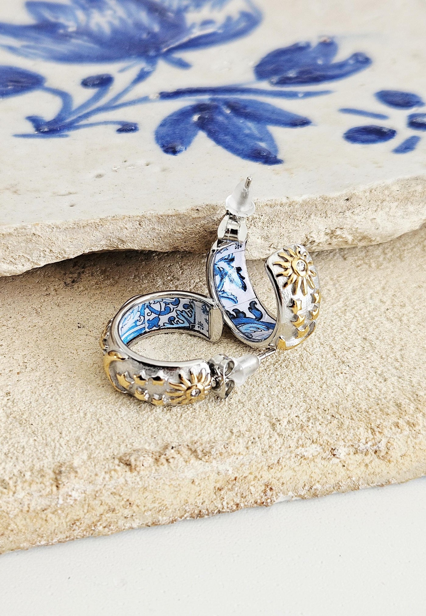 SILVER Large Hoop BLUE Tile STEEL Earring Azulejo Inlay Portuguese Blue Tile Hoop Sun Moon Stars Gold Etched Hoop Women Gift 2cm|0.78''