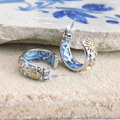 SILVER Large Hoop BLUE Tile STEEL Earring Azulejo Inlay Portuguese Blue Tile Hoop Sun Moon Stars Gold Etched Hoop Women Gift 2cm|0.78''