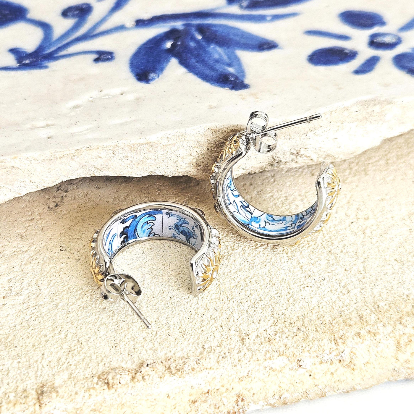 SILVER Large Hoop BLUE Tile STEEL Earring Azulejo Inlay Portuguese Blue Tile Hoop Sun Moon Stars Gold Etched Hoop Women Gift 2cm|0.78''