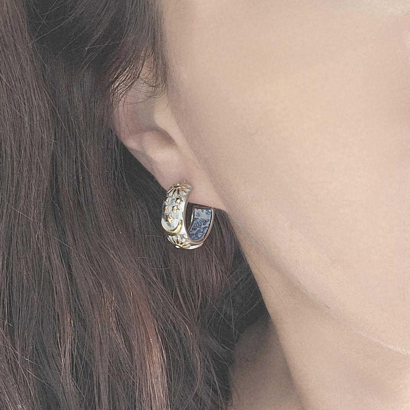 SILVER Large Hoop BLUE Tile STEEL Earring Azulejo Inlay Portuguese Blue Tile Hoop Sun Moon Stars Gold Etched Hoop Women Gift 2cm|0.78''