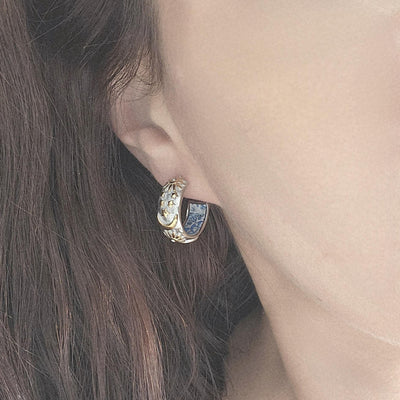 SILVER Large Hoop BLUE Tile STEEL Earring Azulejo Inlay Portuguese Blue Tile Hoop Sun Moon Stars Gold Etched Hoop Women Gift 2cm|0.78''