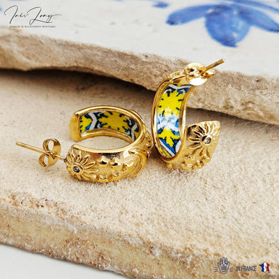 GOLD Large Hoop BLUE Yellow Tile STEEL Earring Azulejo Inlay Portuguese Blue Tile Hoop Sun Moon Stars Gold Etched Hoop Women Gift 2cm|0.78''