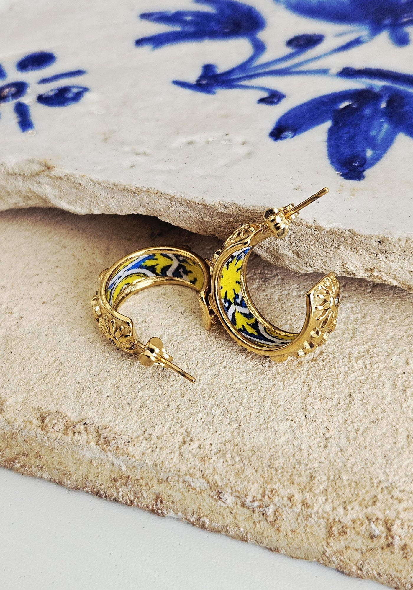 GOLD Large Hoop BLUE Yellow Tile STEEL Earring Azulejo Inlay Portuguese Blue Tile Hoop Sun Moon Stars Gold Etched Hoop Women Gift 2cm|0.78''