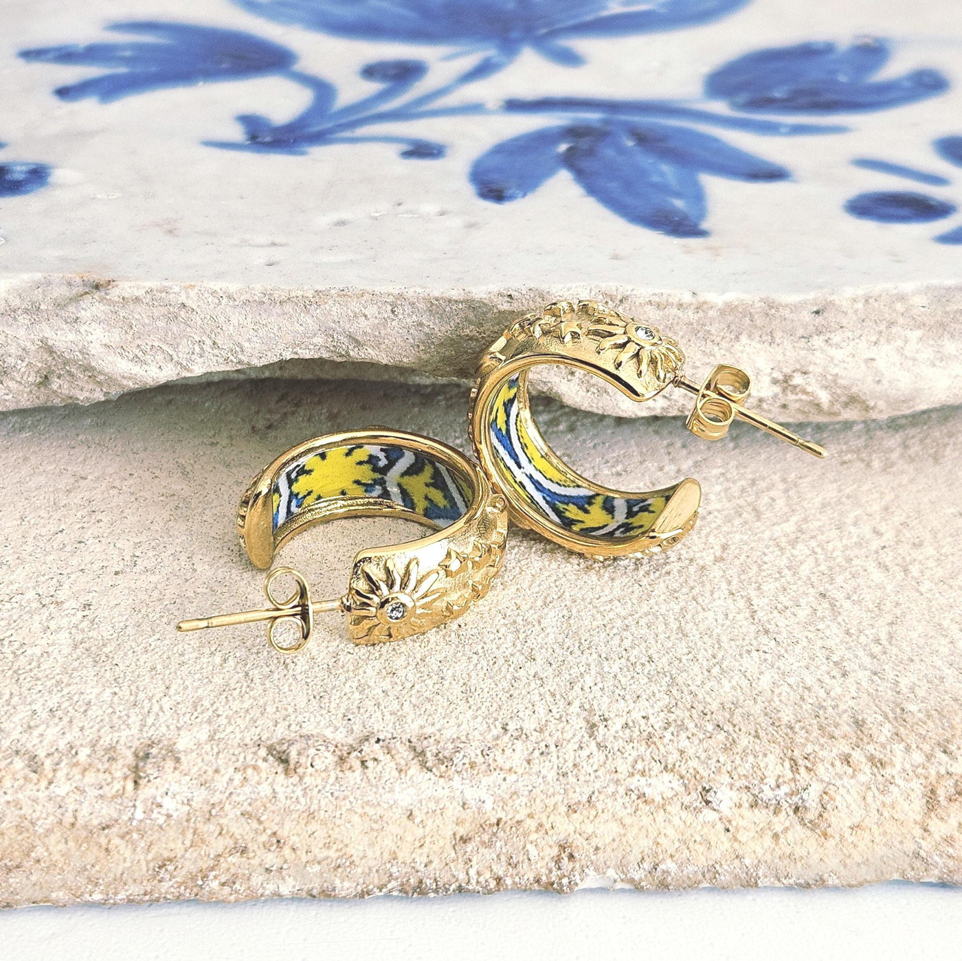 GOLD Large Hoop BLUE Yellow Tile STEEL Earring Azulejo Inlay Portuguese Blue Tile Hoop Sun Moon Stars Gold Etched Hoop Women Gift 2cm|0.78''