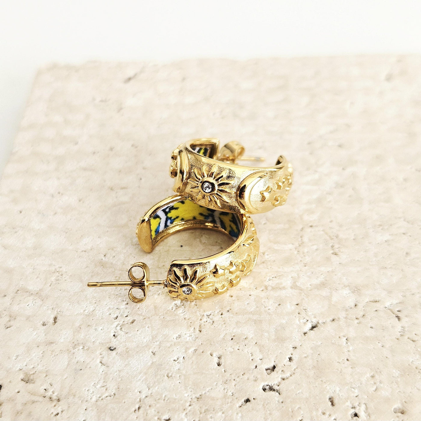 GOLD Large Hoop BLUE Yellow Tile STEEL Earring Azulejo Inlay Portuguese Blue Tile Hoop Sun Moon Stars Gold Etched Hoop Women Gift 2cm|0.78''