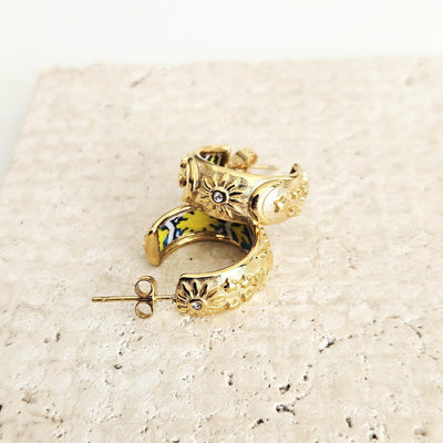 GOLD Large Hoop BLUE Yellow Tile STEEL Earring Azulejo Inlay Portuguese Blue Tile Hoop Sun Moon Stars Gold Etched Hoop Women Gift 2cm|0.78''