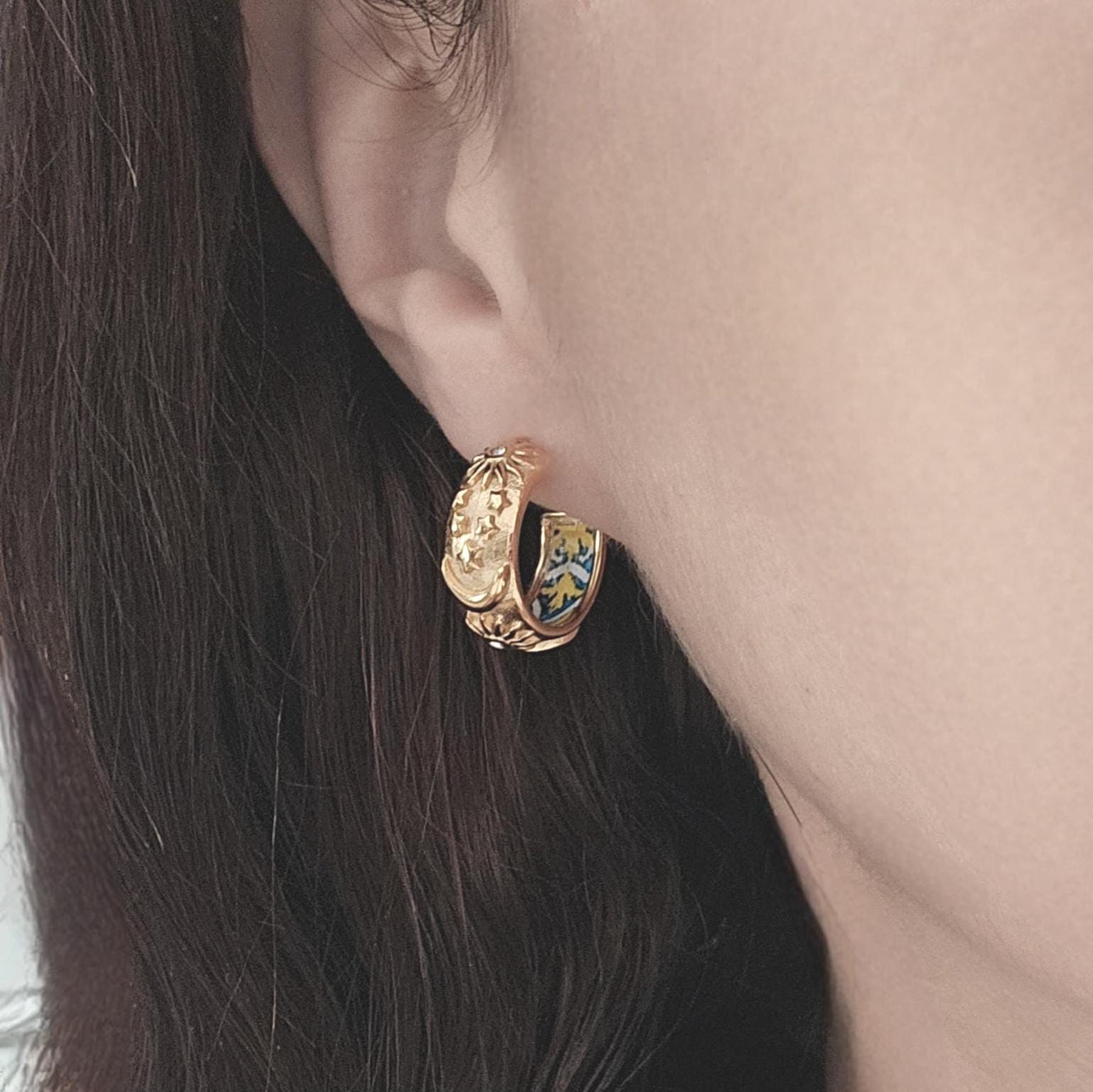 GOLD Large Hoop BLUE Yellow Tile STEEL Earring Azulejo Inlay Portuguese Blue Tile Hoop Sun Moon Stars Gold Etched Hoop Women Gift 2cm|0.78''