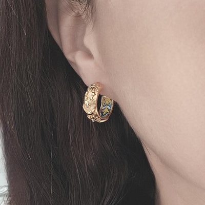 GOLD Large Hoop BLUE Yellow Tile STEEL Earring Azulejo Inlay Portuguese Blue Tile Hoop Sun Moon Stars Gold Etched Hoop Women Gift 2cm|0.78''