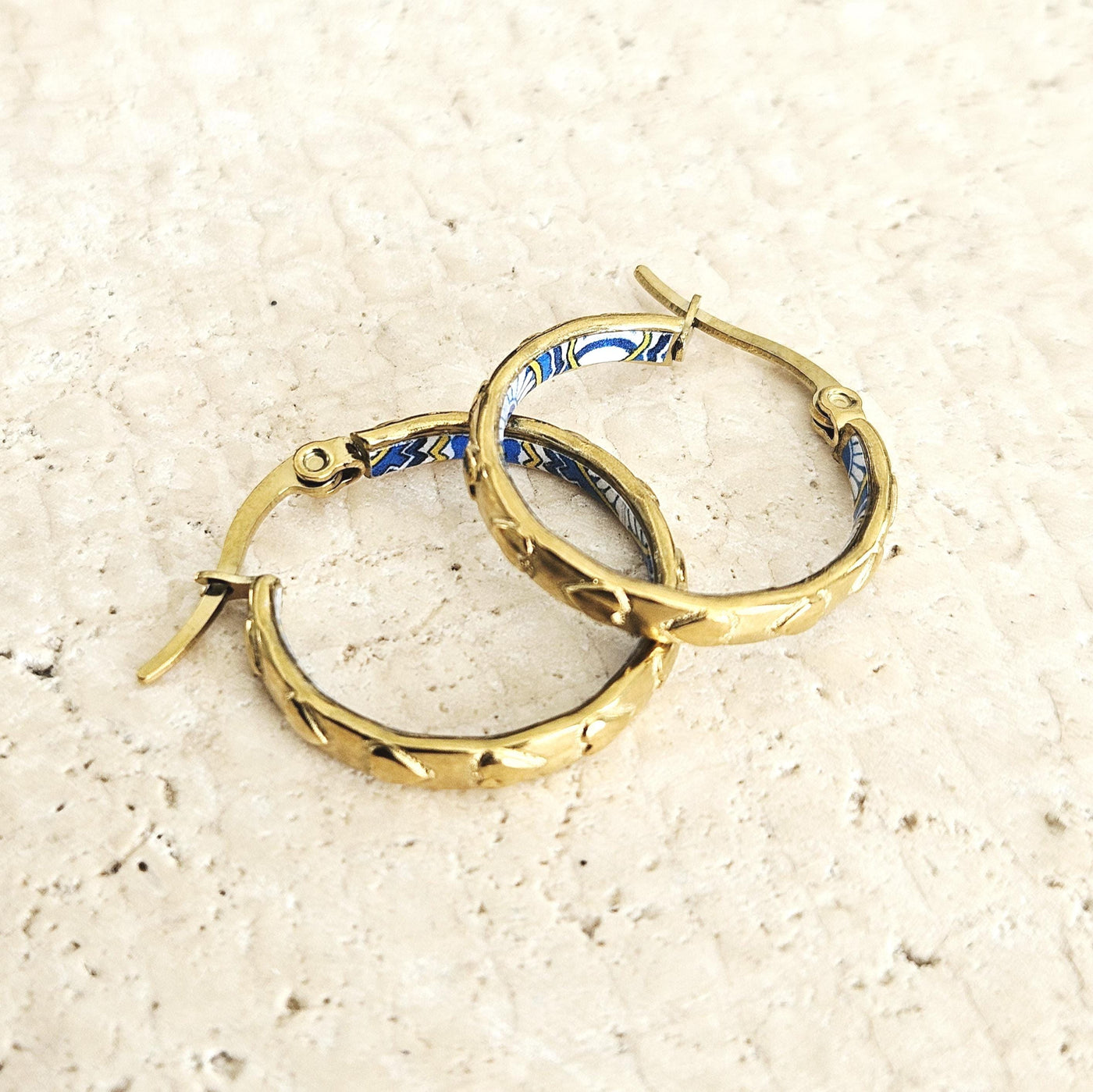 GOLD Etched Heart Hoop Earring Yellow Blue Inlay Tile Hoop Portuguese Tile Jewelry Anniversary Birthday Woman Gift Stainless Steel 22mm|0.9"