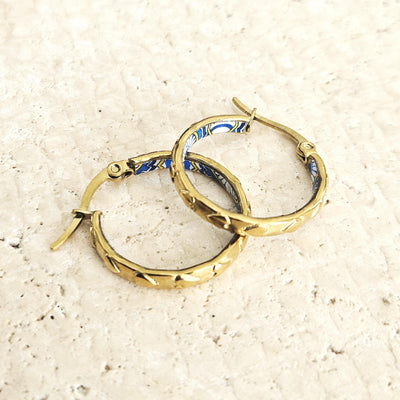 GOLD Etched Heart Hoop Earring Yellow Blue Inlay Tile Hoop Portuguese Tile Jewelry Anniversary Birthday Woman Gift Stainless Steel 22mm|0.9"