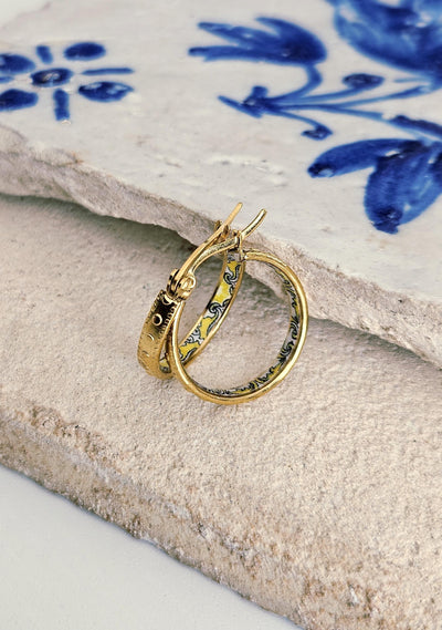 GOLD Etched Dot Hoop Earring Yellow Blue Inlay Tile Hoop Portuguese Tile Jewelry Anniversary Birthday Woman Gift Stainless Steel 22mm|0.9"