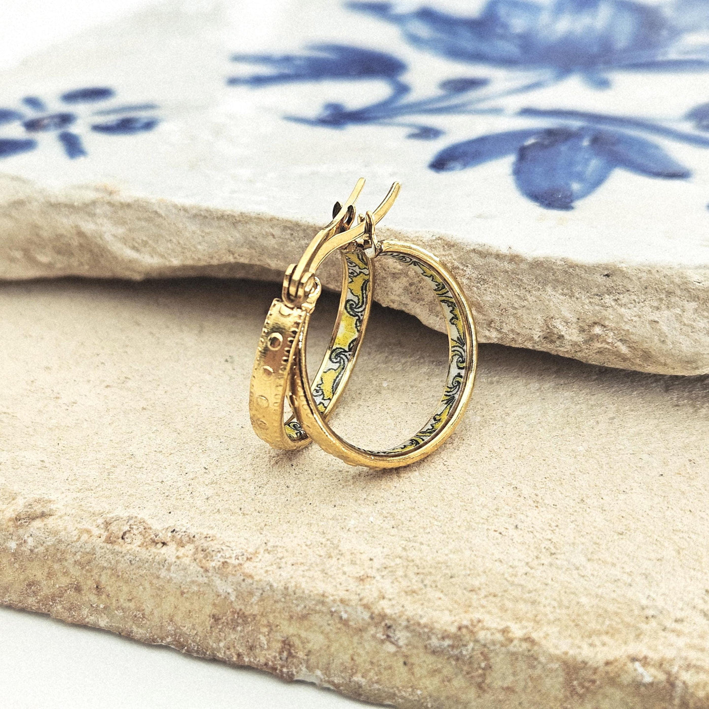 GOLD Etched Dot Hoop Earring Yellow Blue Inlay Tile Hoop Portuguese Tile Jewelry Anniversary Birthday Woman Gift Stainless Steel 22mm|0.9"