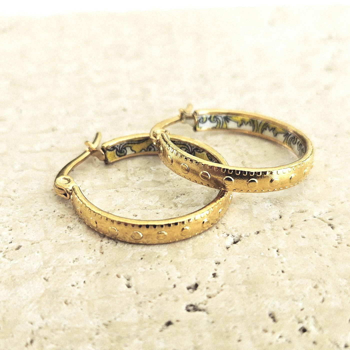 GOLD Etched Dot Hoop Earring Yellow Blue Inlay Tile Hoop Portuguese Tile Jewelry Anniversary Birthday Woman Gift Stainless Steel 22mm|0.9"