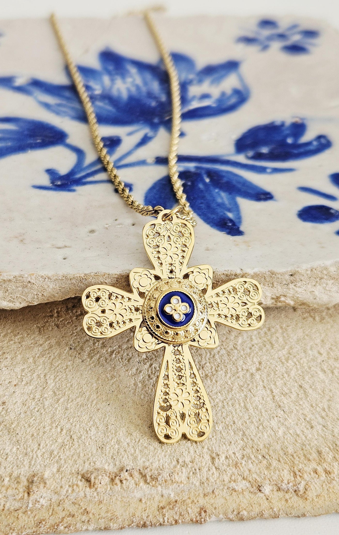 GOLD Filigree CROSS Necklace Portuguese Stainless Steel Caramujo Pendant Portugal Jewelry Gold Christian Blue Pendant Wife Necklace Gift