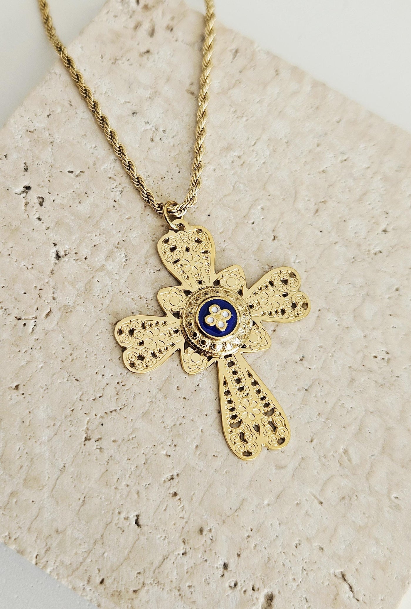 GOLD Filigree CROSS Necklace Portuguese Stainless Steel Caramujo Pendant Portugal Jewelry Gold Christian Blue Pendant Wife Necklace Gift