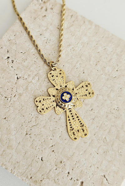 GOLD Filigree CROSS Necklace Portuguese Stainless Steel Caramujo Pendant Portugal Jewelry Gold Christian Blue Pendant Wife Necklace Gift