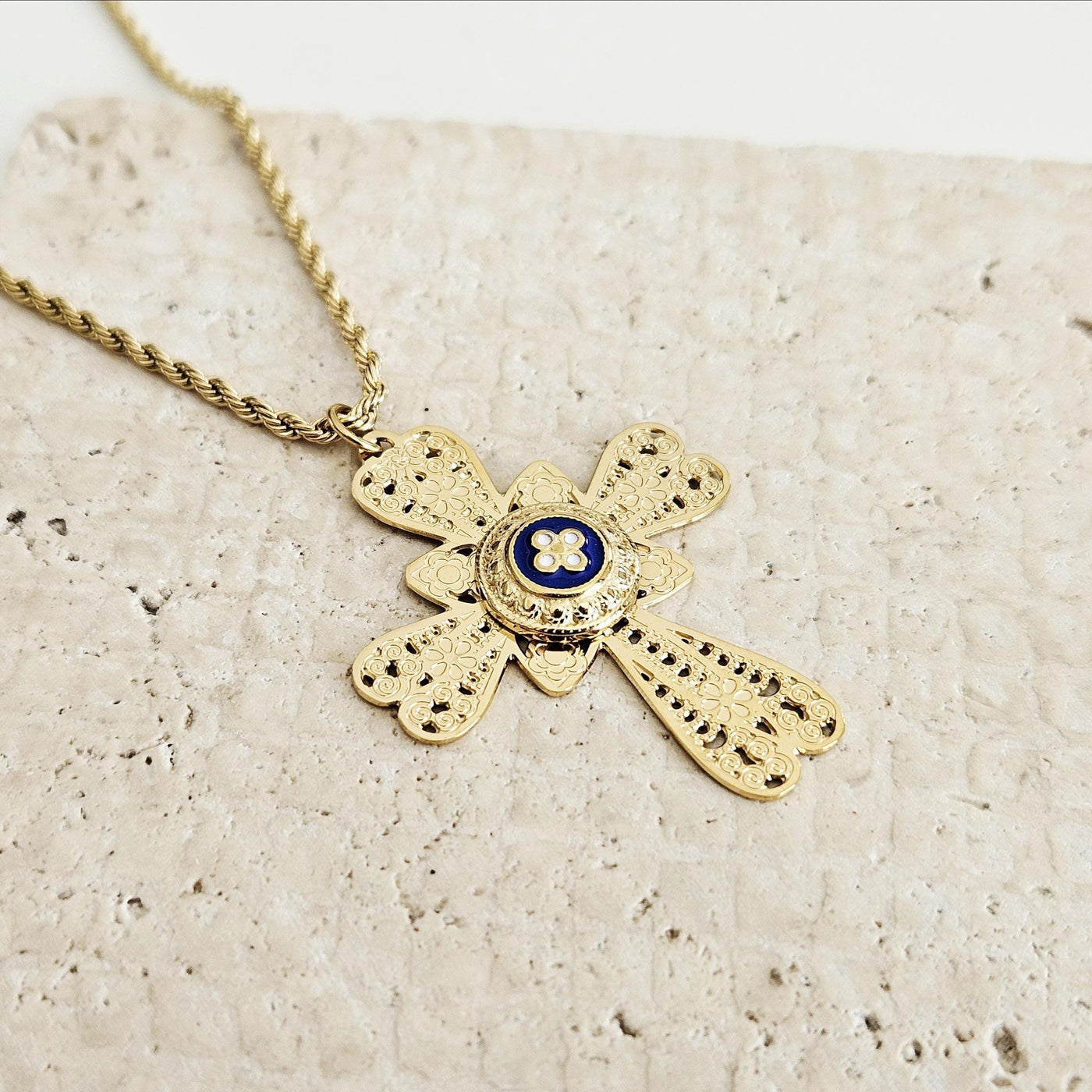 GOLD Filigree CROSS Necklace Portuguese Stainless Steel Caramujo Pendant Portugal Jewelry Gold Christian Blue Pendant Wife Necklace Gift