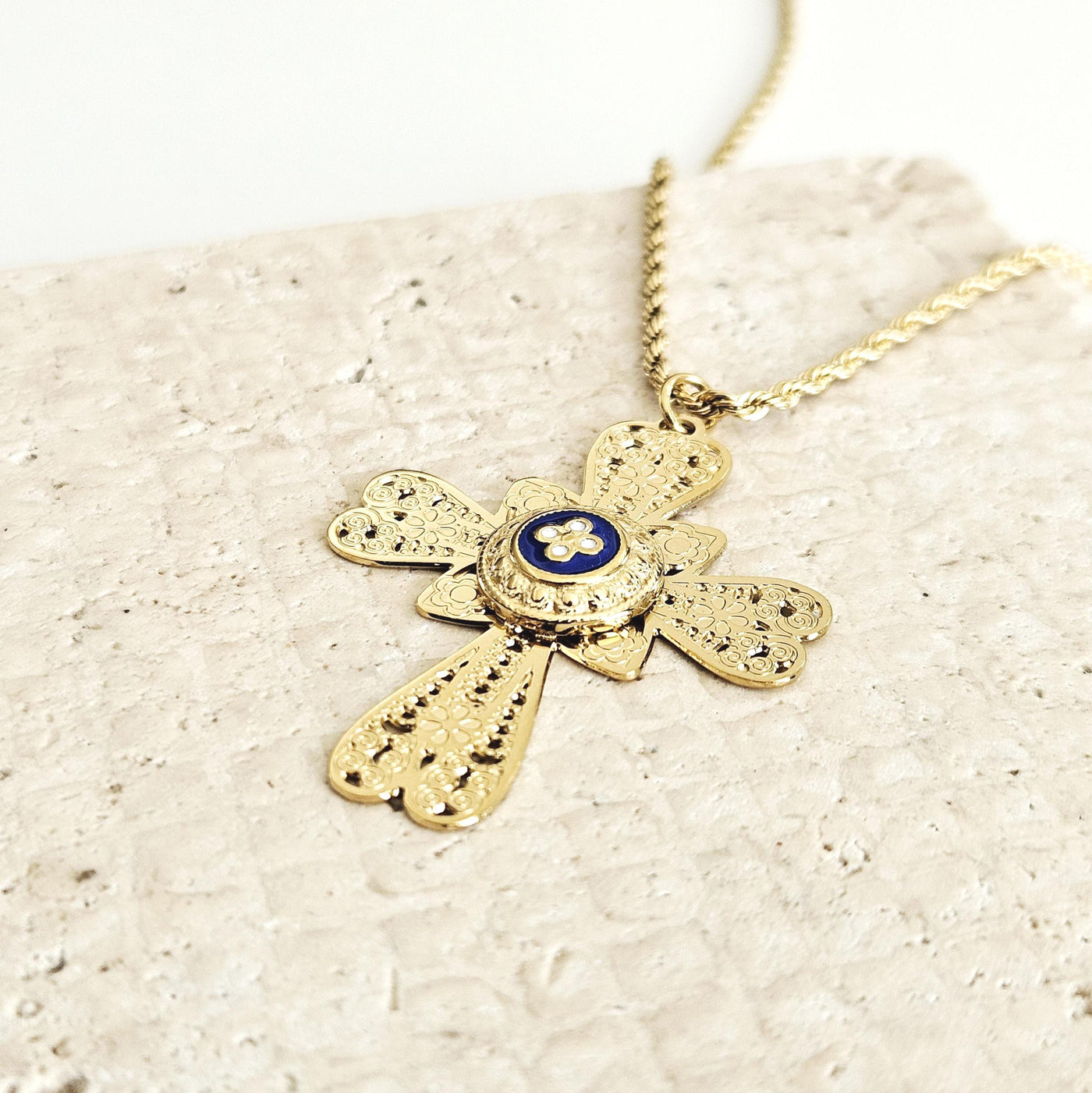 GOLD Filigree CROSS Necklace Portuguese Stainless Steel Caramujo Pendant Portugal Jewelry Gold Christian Blue Pendant Wife Necklace Gift