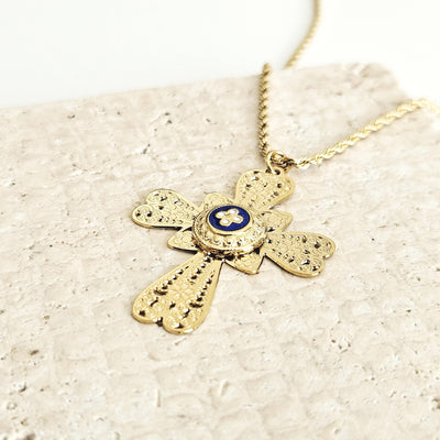 GOLD Filigree CROSS Necklace Portuguese Stainless Steel Caramujo Pendant Portugal Jewelry Gold Christian Blue Pendant Wife Necklace Gift