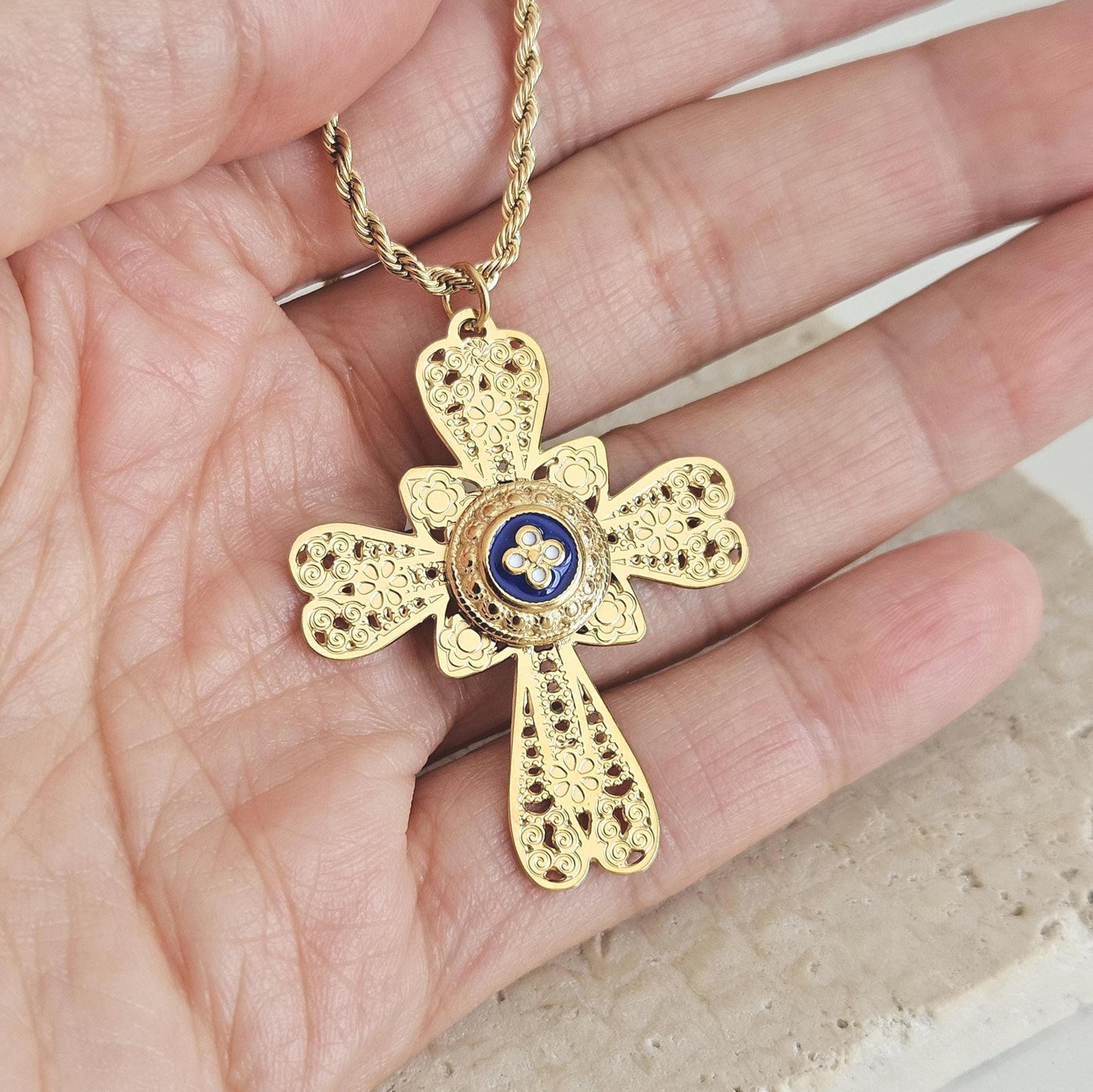 GOLD Filigree CROSS Necklace Portuguese Stainless Steel Caramujo Pendant Portugal Jewelry Gold Christian Blue Pendant Wife Necklace Gift