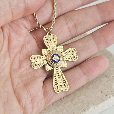GOLD Filigree CROSS Necklace Portuguese Stainless Steel Caramujo Pendant Portugal Jewelry Gold Christian Blue Pendant Wife Necklace Gift