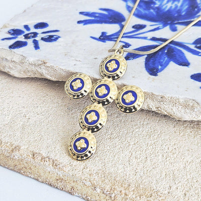 GOLD Caramujo CROSS Necklace Portuguese Stainless Steel Small Discs Pendant Portugal Jewelry Gold Christian Blue Pendant Wife Necklace Gift