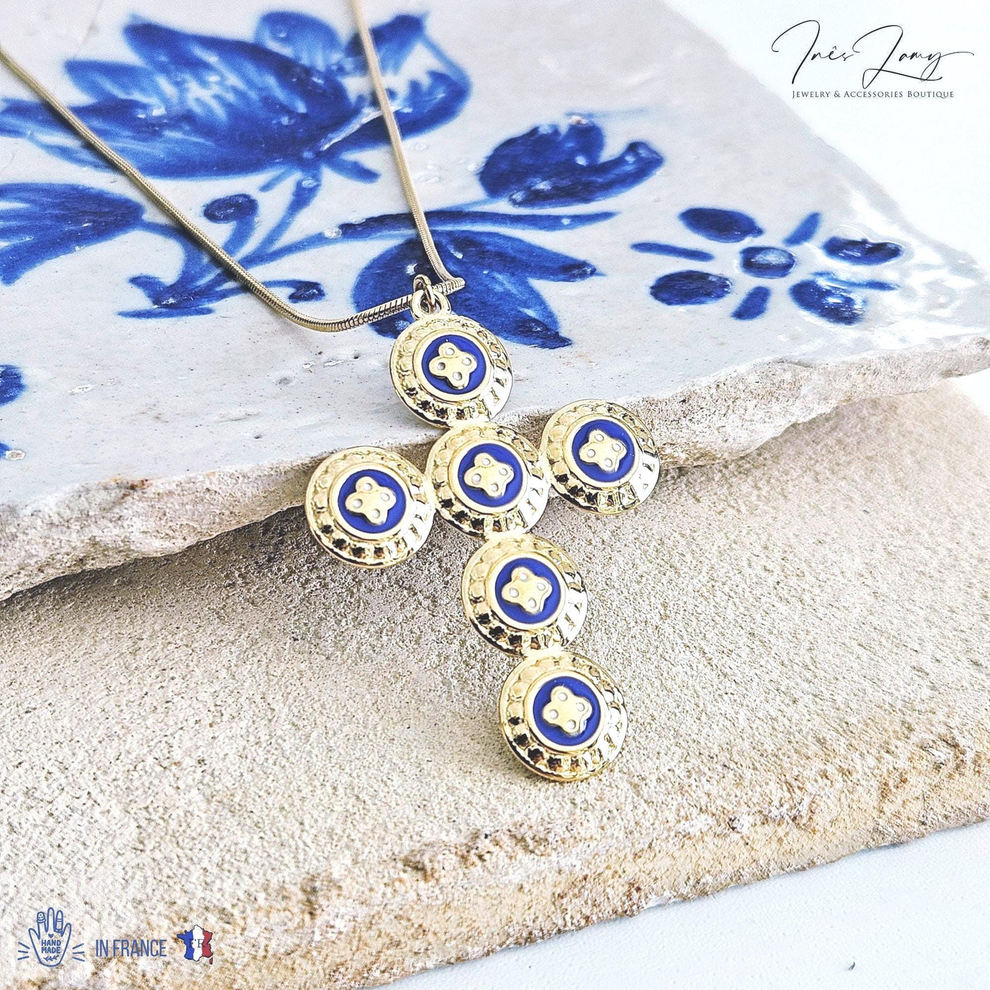 GOLD Caramujo CROSS Necklace Portuguese Stainless Steel Small Discs Pendant Portugal Jewelry Gold Christian Blue Pendant Wife Necklace Gift