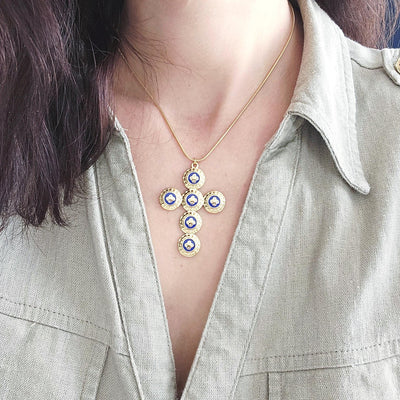 GOLD Caramujo CROSS Necklace Portuguese Stainless Steel Small Discs Pendant Portugal Jewelry Gold Christian Blue Pendant Wife Necklace Gift