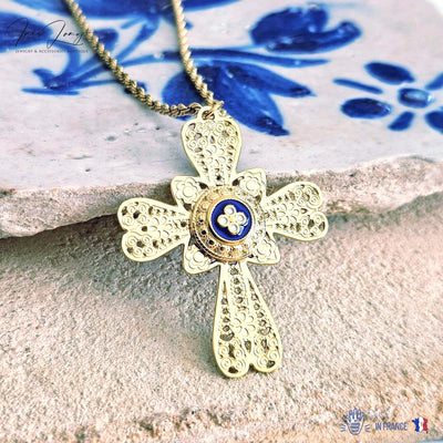 GOLD Filigree CROSS Necklace Portuguese Stainless Steel Caramujo Pendant Portugal Jewelry Gold Christian Blue Pendant Wife Necklace Gift