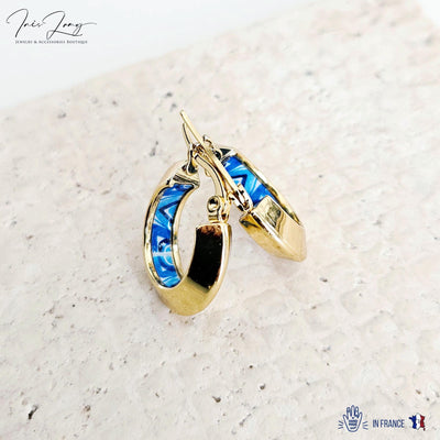 GOLD Disc Hoop BLUE Tile STEEL Earring Azulejo Inlay Portuguese Traditional Tile Hoop Anniversary Woman Handmade Blue White Jewelry Gift