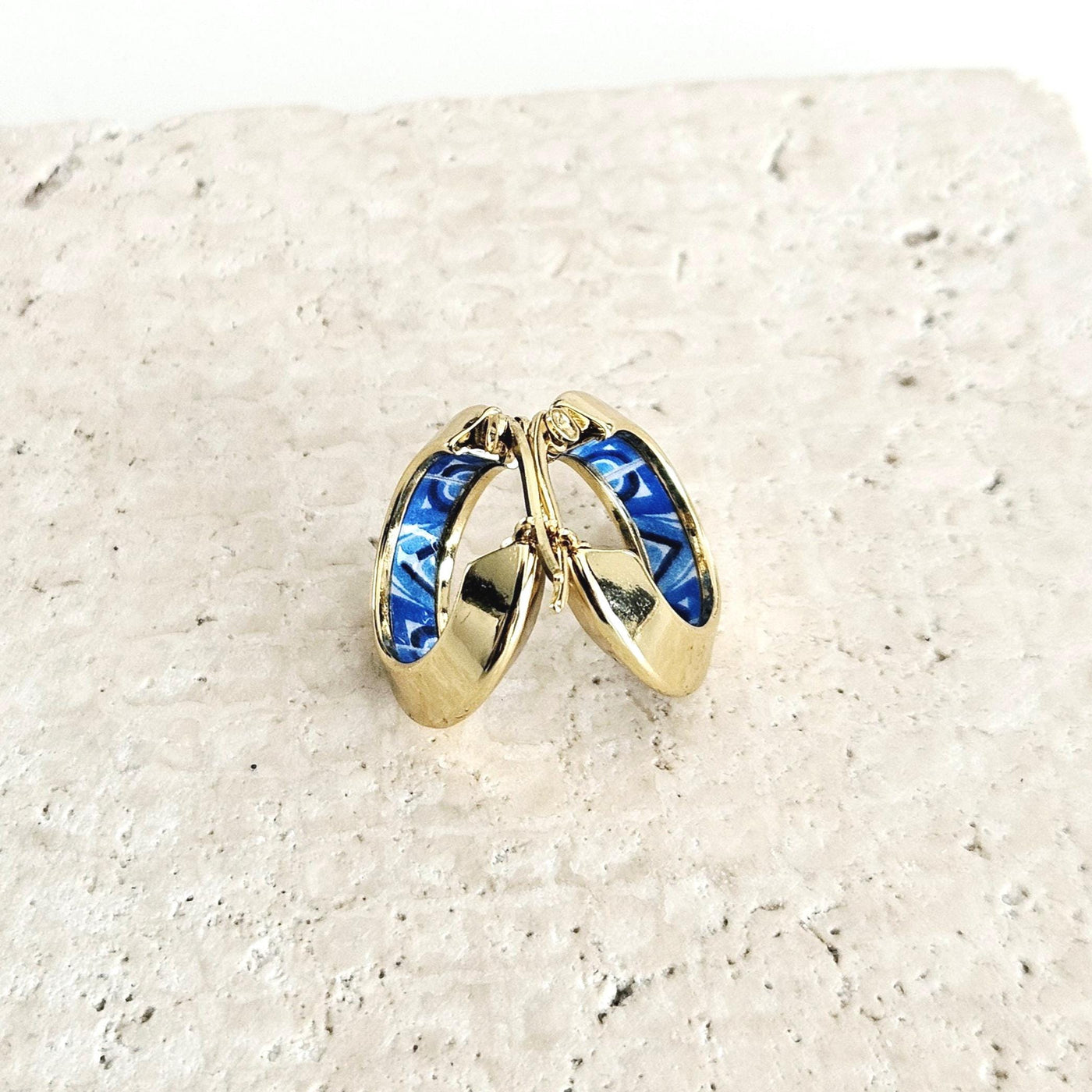 GOLD Disc Hoop BLUE Tile STEEL Earring Azulejo Inlay Portuguese Traditional Tile Hoop Anniversary Woman Handmade Blue White Jewelry Gift