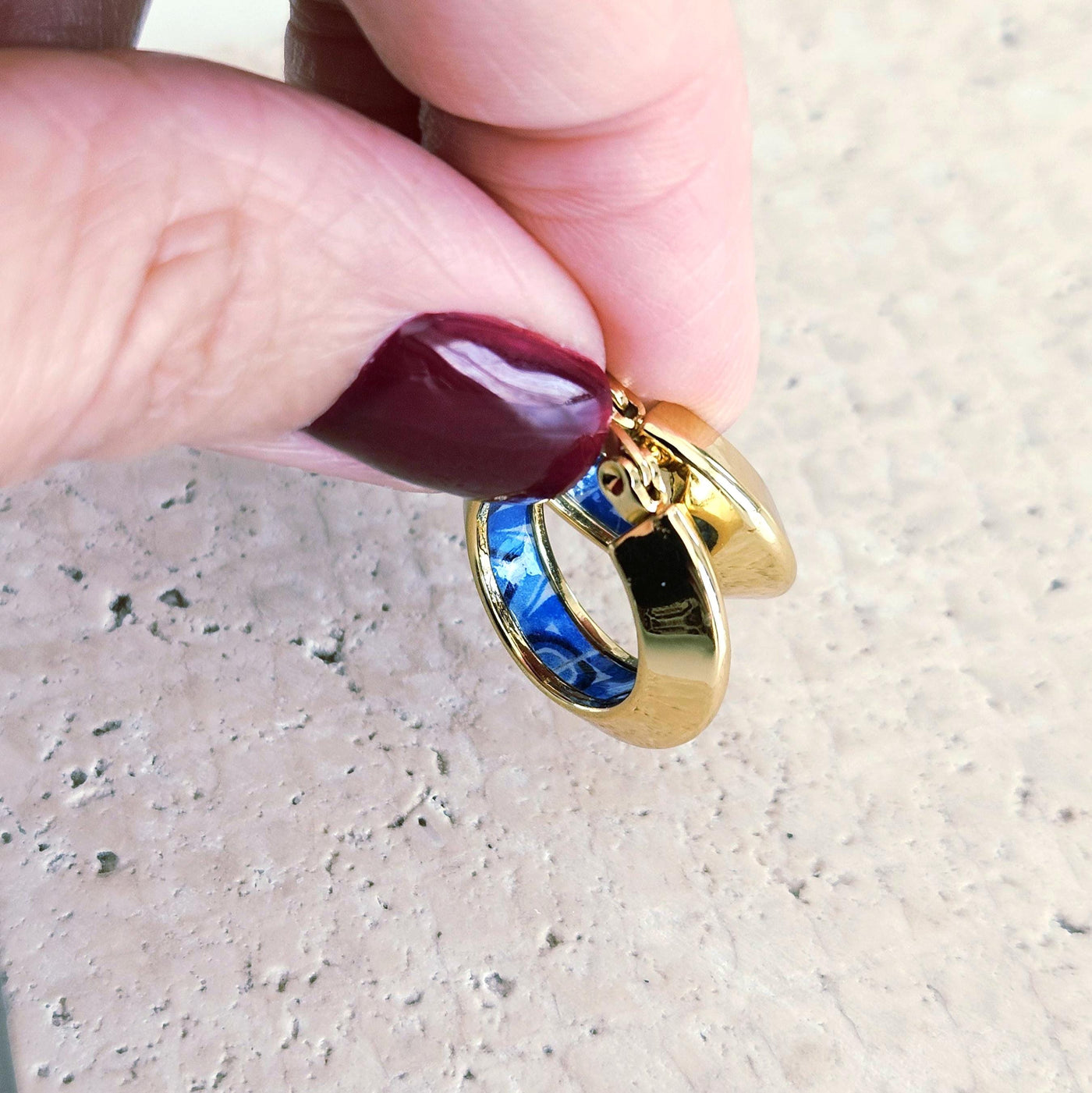 GOLD Disc Hoop BLUE Tile STEEL Earring Azulejo Inlay Portuguese Traditional Tile Hoop Anniversary Woman Handmade Blue White Jewelry Gift