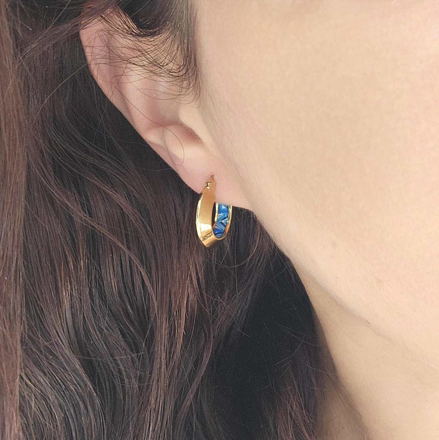 GOLD Disc Hoop BLUE Tile STEEL Earring Azulejo Inlay Portuguese Traditional Tile Hoop Anniversary Woman Handmade Blue White Jewelry Gift