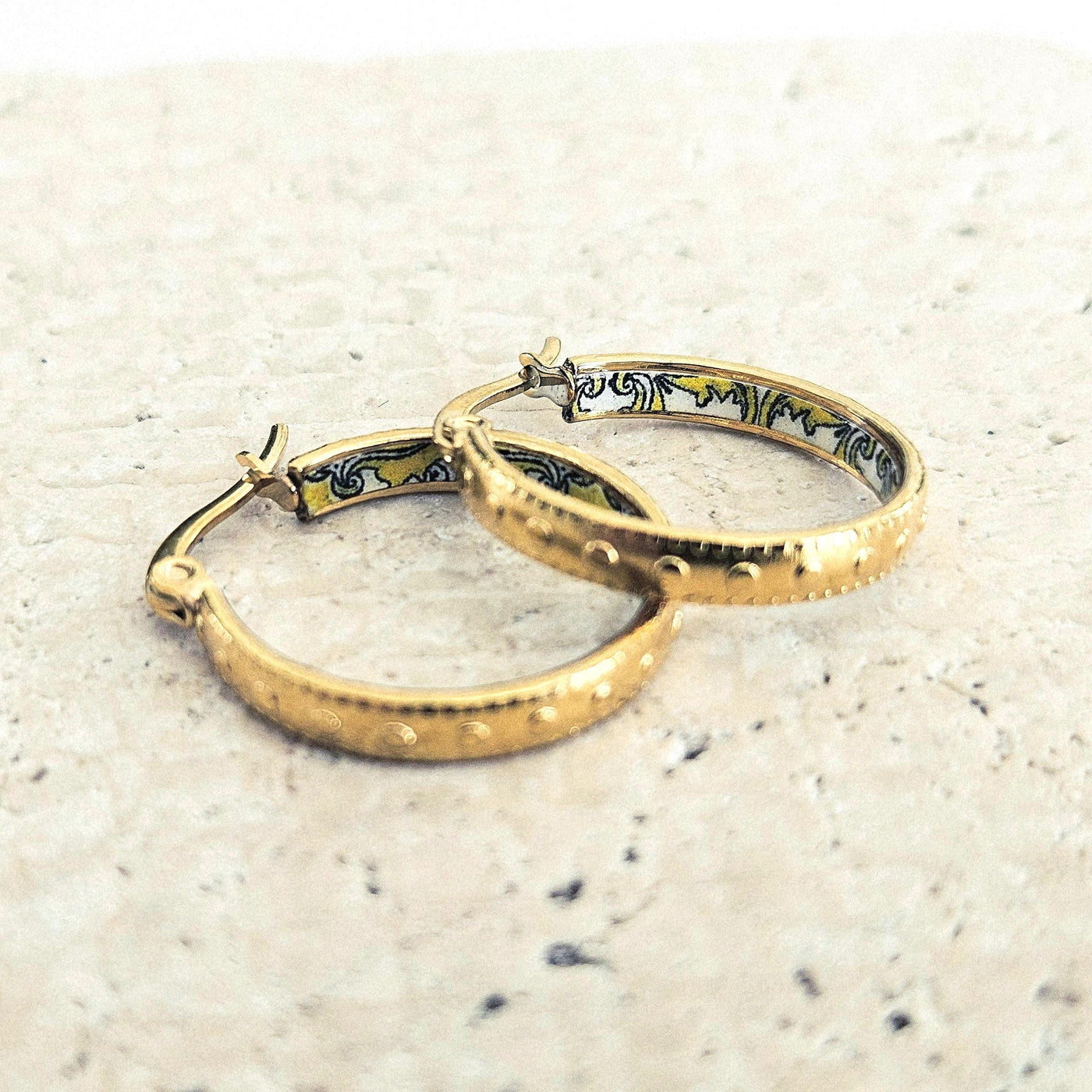 GOLD Etched Dot Hoop Earring Yellow Blue Inlay Tile Hoop Portuguese Tile Jewelry Anniversary Birthday Woman Gift Stainless Steel 22mm|0.9"
